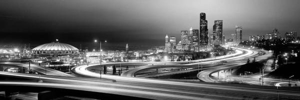 Seattle: Buildings lit up at night, Seattle, Washington State, USA (black & white) by Panoramic Images