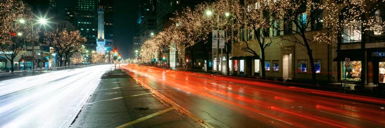 Blurred Motion Of Cars Along Michigan Avenue Illuminated With Christmas Lights, Chicago, Illinois, USA