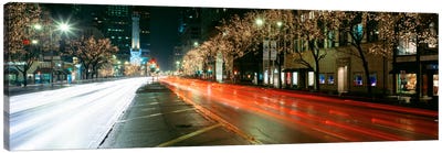 Blurred Motion Of Cars Along Michigan Avenue Illuminated With Christmas Lights, Chicago, Illinois, USA Canvas Art Print - City Street Art