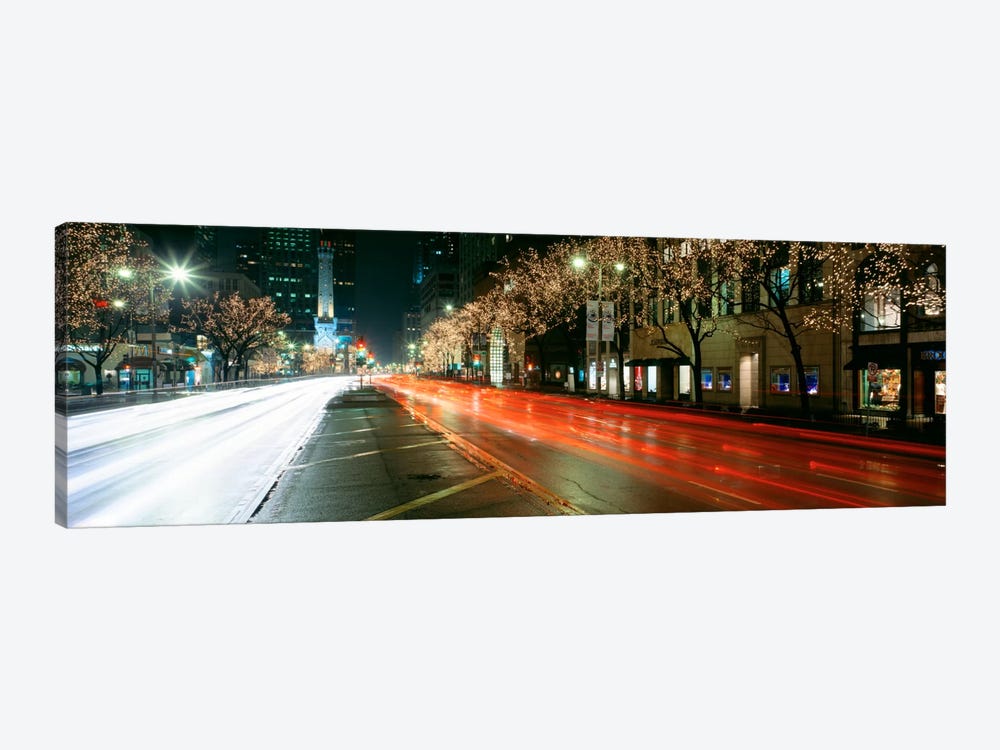 Blurred Motion Of Cars Along Michigan Avenue Illuminated With Christmas Lights, Chicago, Illinois, USA by Panoramic Images 1-piece Canvas Artwork