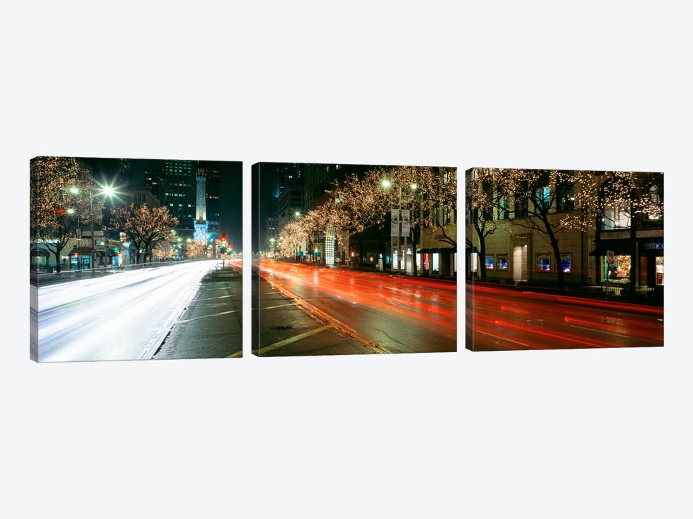 Blurred Motion Of Cars Along Michigan Avenue Illuminated With Christmas Lights, Chicago, Illinois, USA by Panoramic Images 3-piece Canvas Wall Art