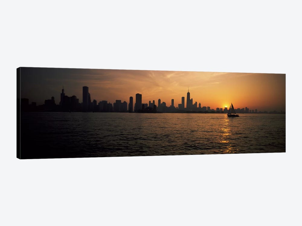 Silhouette of buildings at the waterfront, Navy Pier, Chicago, Illinois, USA by Panoramic Images 1-piece Canvas Print