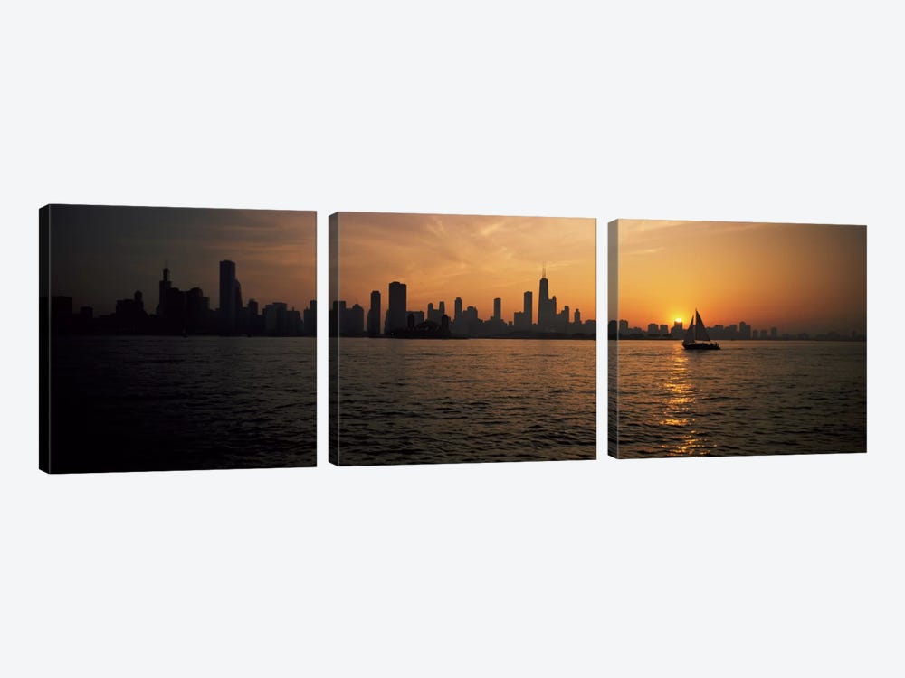 Silhouette of buildings at the waterfront, Navy Pier, Chicago, Illinois, USA by Panoramic Images 3-piece Canvas Art Print