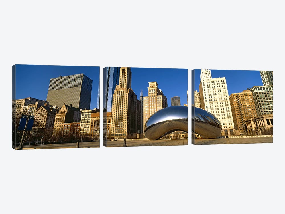 Cloud Gate sculpture with buildings in the background, Millennium Park, Chicago, Cook County, Illinois, USA by Panoramic Images 3-piece Canvas Wall Art