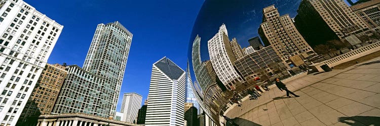 Reflection of buildings on Cloud Gate sculpture, Millennium Park, Chicago, Cook County, Illinois, USA