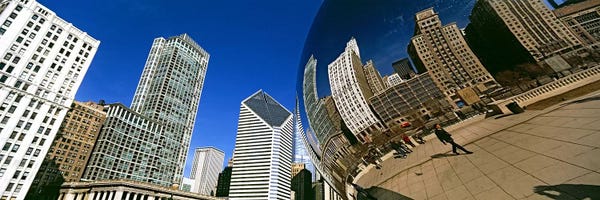 Reflection of buildings on Cloud Gate sculpture, Millennium Park, Chicago, Cook County, Illinois, USA