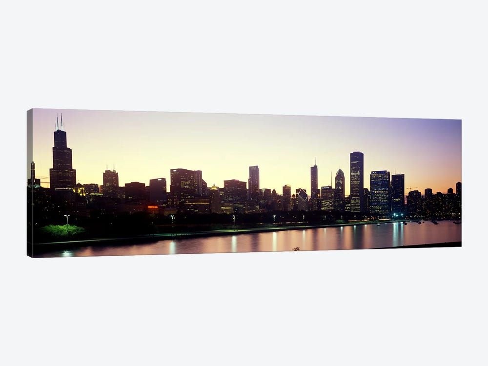 City skyline with Lake Michigan and Lake Shore Drive in foreground at dusk, Chicago, Illinois, USA by Panoramic Images 1-piece Canvas Artwork