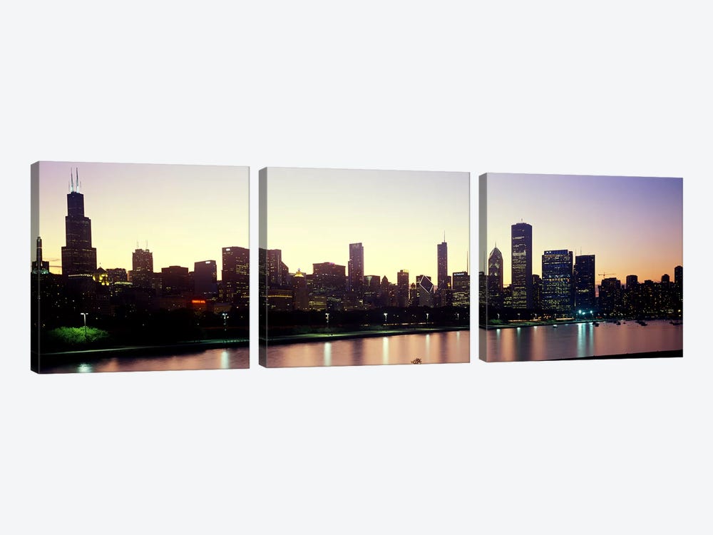 City skyline with Lake Michigan and Lake Shore Drive in foreground at dusk, Chicago, Illinois, USA by Panoramic Images 3-piece Canvas Artwork