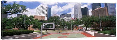Basketball court with skyscrapers in the background, Houston, Texas, USA #3 Canvas Art Print - Basketball Art