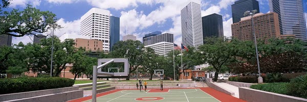 Basketball: Basketball court with skyscrapers in the background, Houston, Texas, USA #3 by Panoramic Images