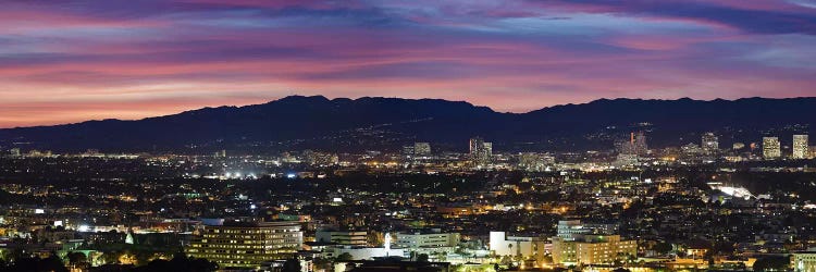 High angle view of a city at dusk, Culver City, Santa Monica Mountains, West Los Angeles, Westwood, California, USA