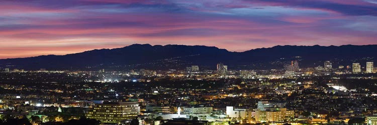 High angle view of a city at dusk, Culver City, Santa Monica Mountains, West Los Angeles, Westwood, California, USA