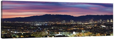 High angle view of a city at dusk, Culver City, Santa Monica Mountains, West Los Angeles, Westwood, California, USA Canvas Art Print