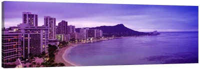 Buildings at the coastline with a volcanic mountain in the background, Diamond Head, Waikiki, Oahu, Honolulu, Hawaii, USA Canvas Art Print - Honolulu