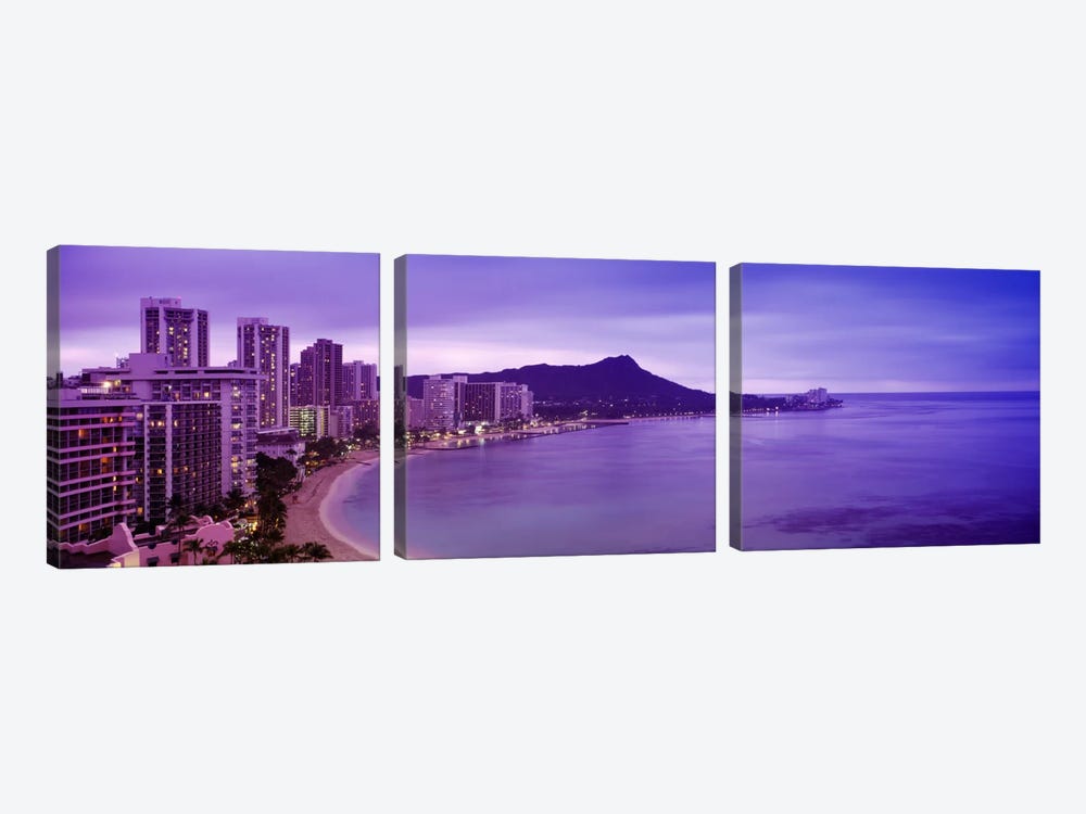 Buildings at the coastline with a volcanic mountain in the background, Diamond Head, Waikiki, Oahu, Honolulu, Hawaii, USA by Panoramic Images 3-piece Canvas Artwork