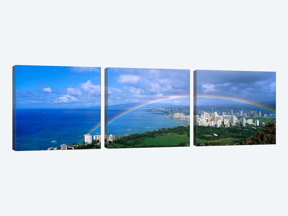 Rainbow Over A CityWaikiki, Honolulu, Oahu, Hawaii, USA by Panoramic Images 3-piece Canvas Art Print
