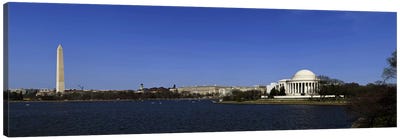 View Of The Washington Monument, Jefferson Memorial And Tidal Basin From West Potomac Park, Washington, D.C. Canvas Art Print - Monument Art