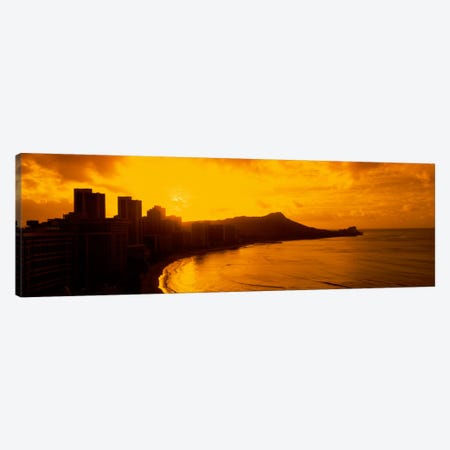 USA, Hawaii, Honolulu, Waikiki Beach, Sunrise view of city and beach Canvas Print #PIM1084} by Panoramic Images Canvas Art