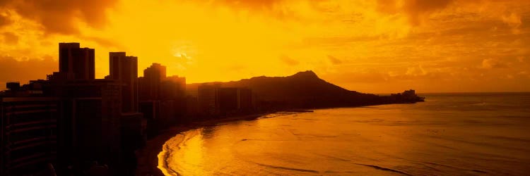 USA, Hawaii, Honolulu, Waikiki Beach, Sunrise view of city and beach by Panoramic Images wall art