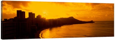 USA, Hawaii, Honolulu, Waikiki Beach, Sunrise view of city and beach Canvas Art Print - Coastline Art