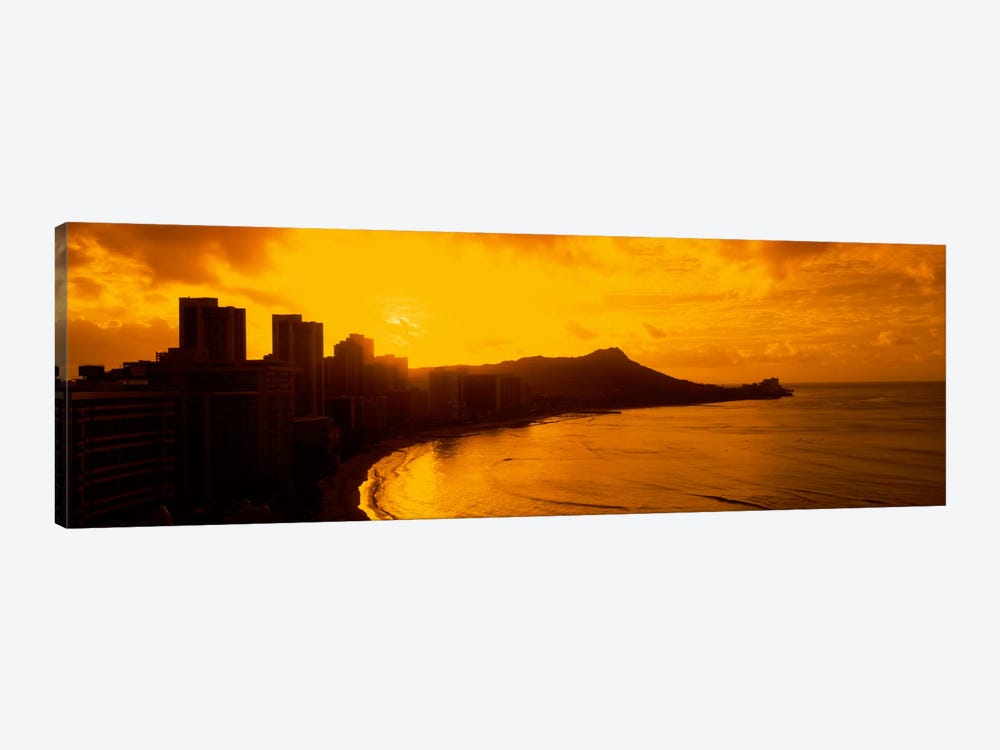 USA, Hawaii, Honolulu, Waikiki Beach, Sunrise view of city and beach by Panoramic Images 1-piece Canvas Art