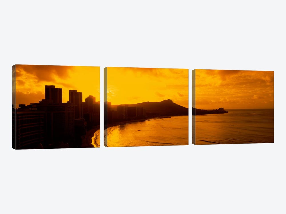 USA, Hawaii, Honolulu, Waikiki Beach, Sunrise view of city and beach by Panoramic Images 3-piece Canvas Artwork