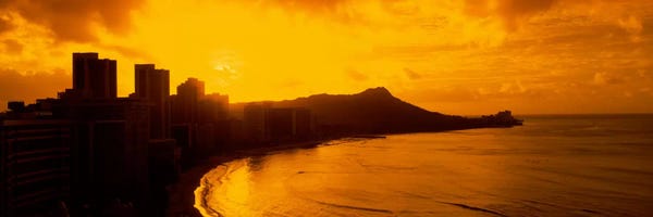 Honolulu: USA, Hawaii, Honolulu, Waikiki Beach, Sunrise view of city and beach by Panoramic Images