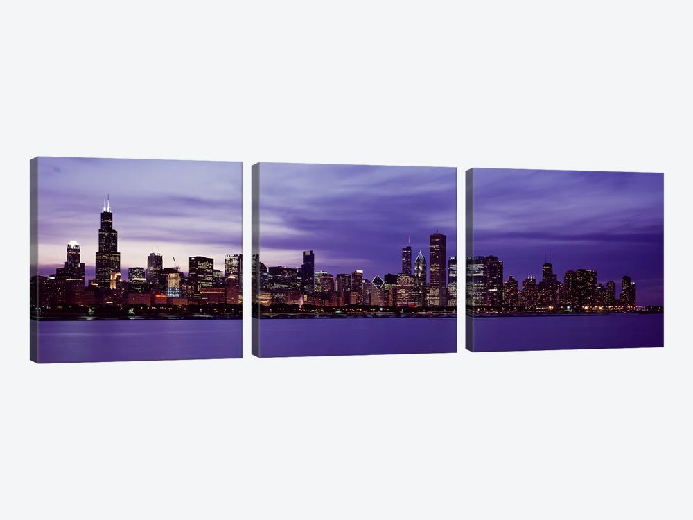 Skyscrapers in a city lit up at night, Chicago, Illinois, USA by Panoramic Images 3-piece Canvas Art