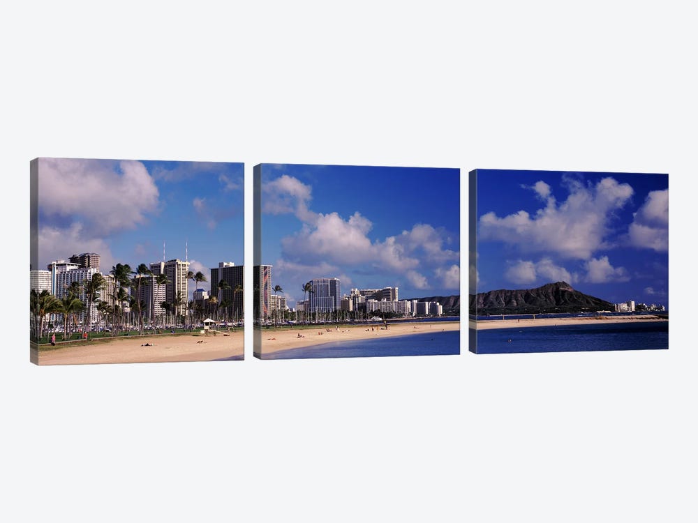 Waikiki Beach with mountain in the background, Diamond Head, Honolulu, Oahu, Hawaii, USA by Panoramic Images 3-piece Canvas Art Print