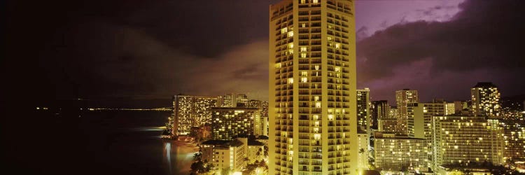 Buildings lit up at night, Honolulu, Oahu, Hawaii, USA