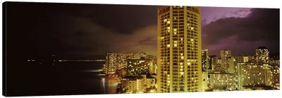 Buildings lit up at night, Honolulu, Oahu, Hawaii, USA Canvas Art Print - Honolulu Art