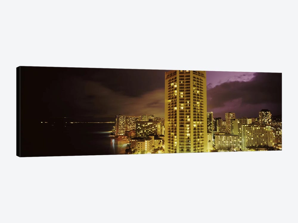 Buildings lit up at night, Honolulu, Oahu, Hawaii, USA by Panoramic Images 1-piece Canvas Art