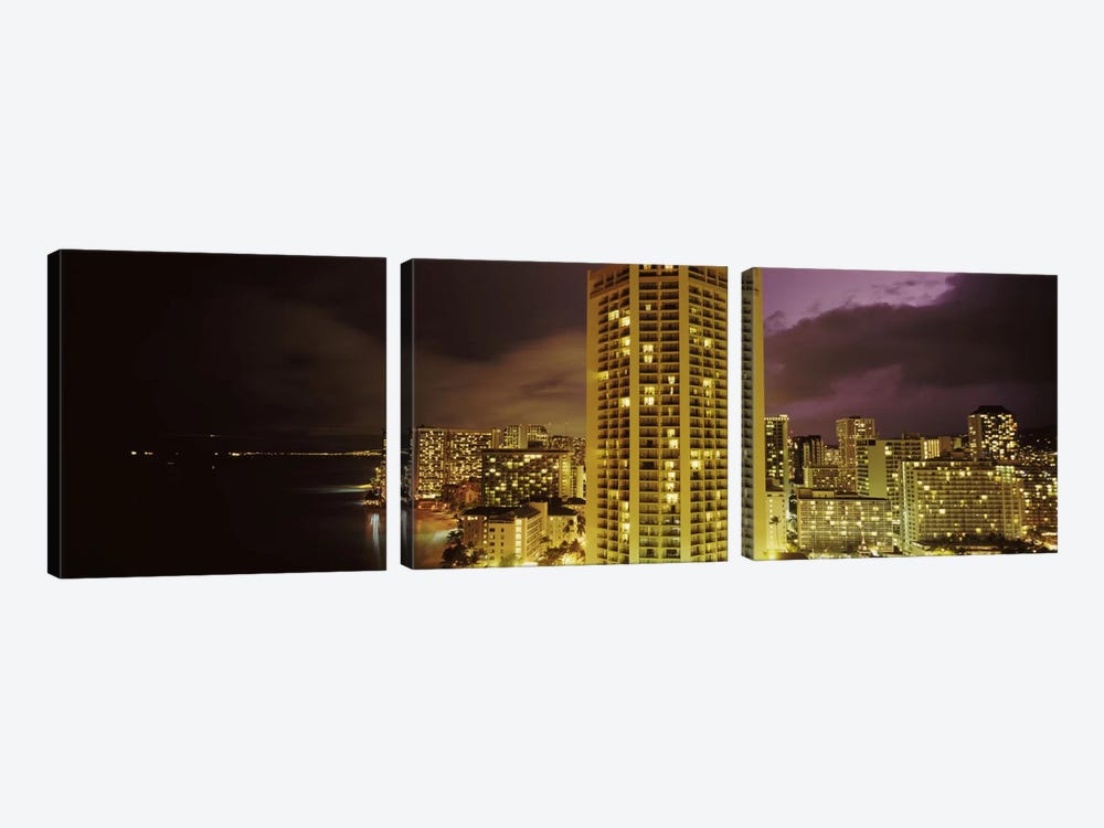 Buildings lit up at night, Honolulu, Oahu, Hawaii, USA by Panoramic Images 3-piece Canvas Wall Art