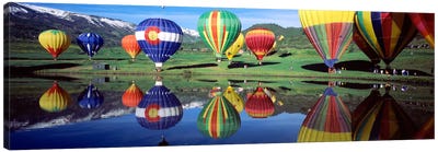 Reflection Of Hot Air Balloons On Water, Colorado, USA Canvas Art Print - Panoramic Photography