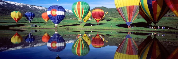 Reflection Of Hot Air Balloons On Water, Colorado, USA