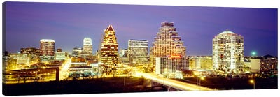 Buildings lit up at dusk, Austin, Texas, USA Canvas Art Print - Legendary Music Cities