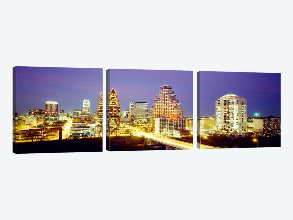 Buildings lit up at dusk, Austin, Texas, USA by Panoramic Images 3-piece Canvas Art