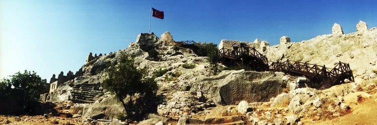 Byzantine castle of Kalekoy with a Turkish national flag, Antalya Province, Turkey