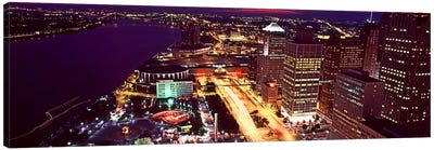 High angle view of buildings lit up at night, Detroit, Michigan, USA Canvas Art Print - Detroit Art