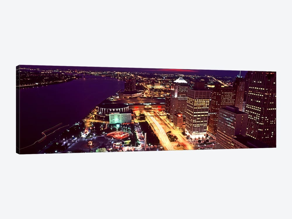 High angle view of buildings lit up at night, Detroit, Michigan, USA by Panoramic Images 1-piece Canvas Artwork