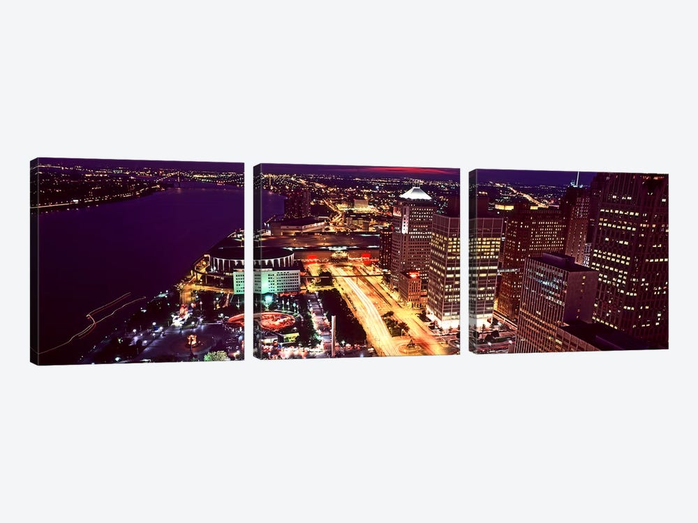 High angle view of buildings lit up at night, Detroit, Michigan, USA by Panoramic Images 3-piece Canvas Art