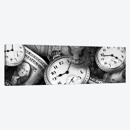 Clocks And Dollar Bills In B&W Canvas Print #PIM11036} by Panoramic Images Canvas Art Print