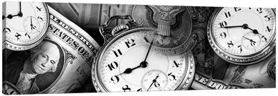 Clocks And Dollar Bills In B&W Canvas Art Print - Double Exposure Photography