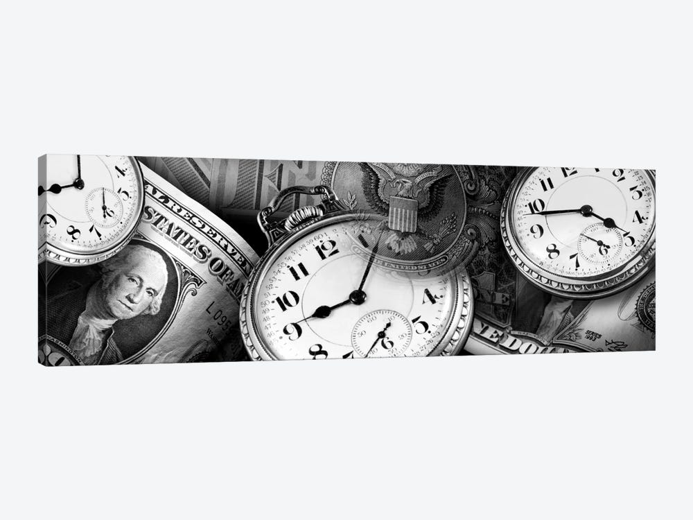 Clocks And Dollar Bills In B&W by Panoramic Images 1-piece Canvas Art Print