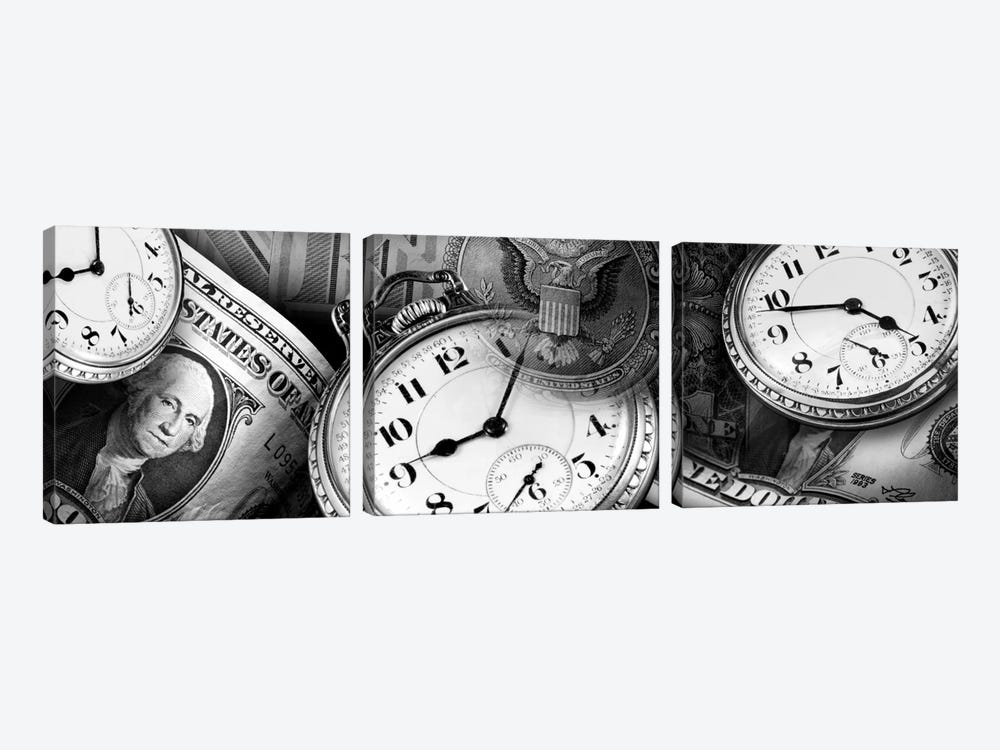 Clocks And Dollar Bills In B&W by Panoramic Images 3-piece Canvas Print