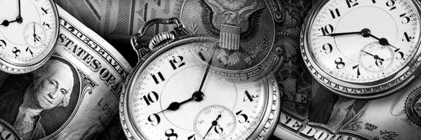 Clocks: Clocks And Dollar Bills In B&W by Panoramic Images