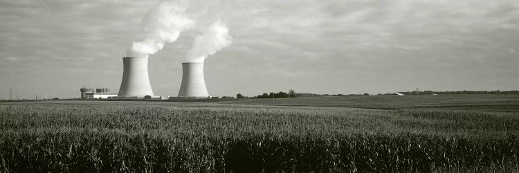 Smoke emitting from two smoke stacks, Byron Nuclear Power Station, Ogle County, Illinois, USA