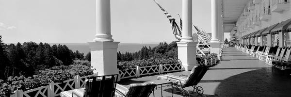 Michigan: Deck chairs on a hotel's porch, Grand Hotel, Mackinac Island, Michigan, USA by Panoramic Images