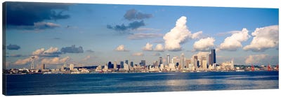 Buildings at the waterfront, Elliott Bay, Seattle, King County, Washington State, USA, 1996 Canvas Art Print - Seattle Skylines