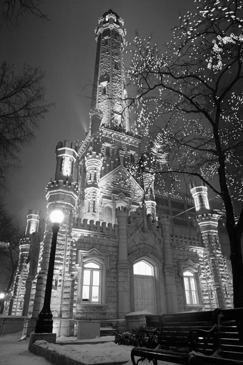 An Illuminated Chicago Water Tower In B&W, Chicago, Illinois, USA